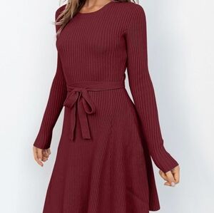 Red Ribbed Crew Neck Long Sleeve Dress